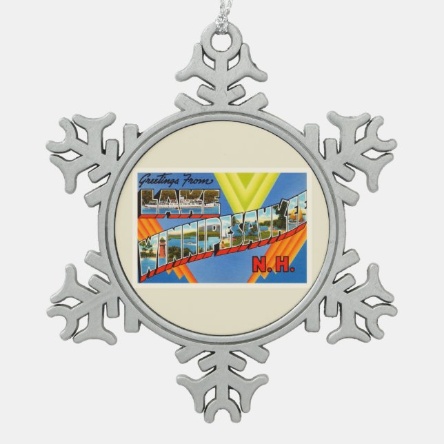 See Winnipesaukee #2 alte Reise New Hampshire-NH Schneeflocken Zinn-Ornament (Vorderseite)