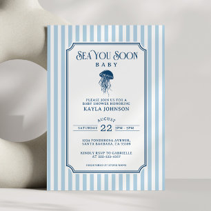 See You Soon Baby Shower Elegante Blaue Weiße Stre Einladung