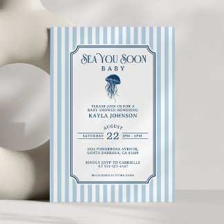 See You Soon Baby Shower Elegante Blaue Weiße Stre Einladung