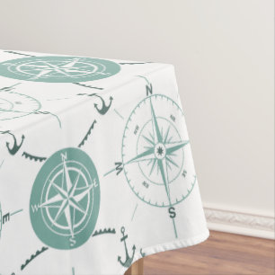 Seeanker-Kompass-Meergrün-Weißozean Tischdecke