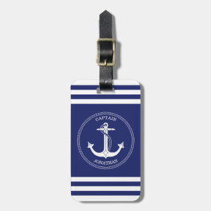 Seeanker-Marine-Blau-Weiß Stripes Monogramm Gepäckanhänger
