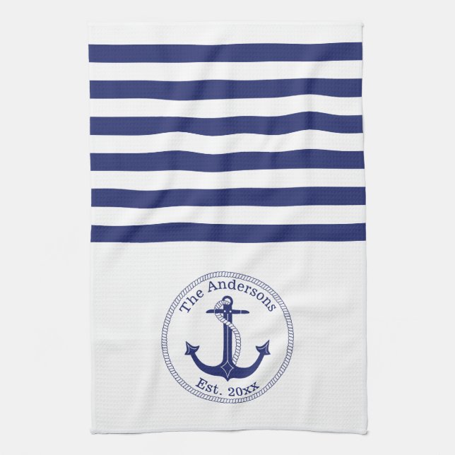 Seeanker-Marine-blaue Streifen-Familien-Monogramm Geschirrtuch (Vertikal)