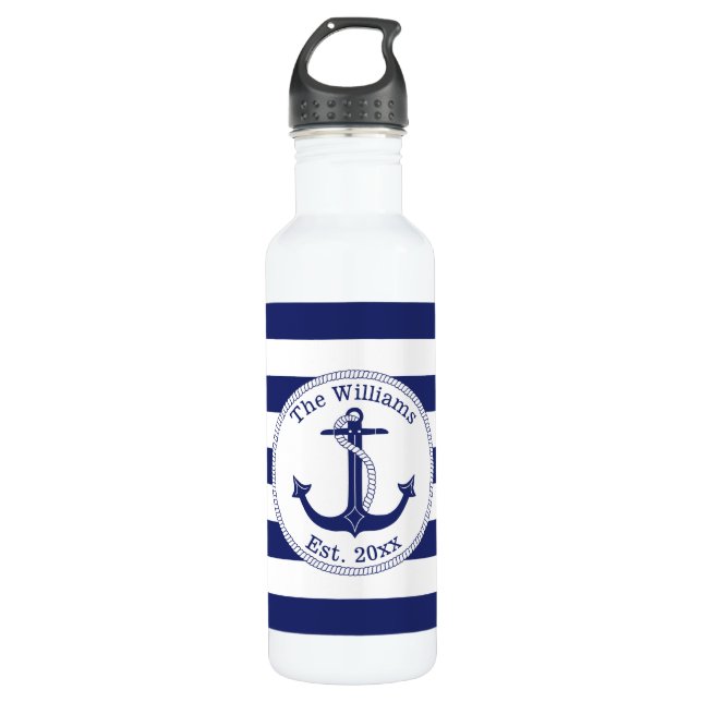 Seeanker-Marine-blaue Streifen-Familienname Edelstahlflasche (Vorderseite)