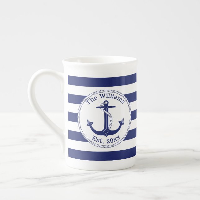 Seeanker-Marine-blaue Streifen-Familienname Prozellantasse (Links)