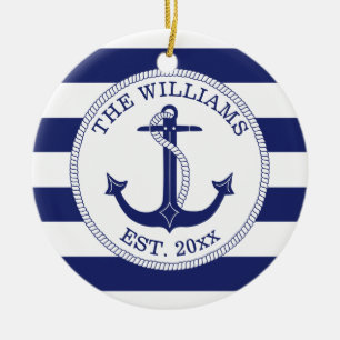 Seeanker-Marine-blauer Streifen mit Monogramm Keramik Ornament