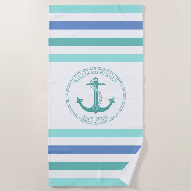 Seeanker Seafoam gestreifter mit Monogramm Name Strandtuch (Vorderseite)