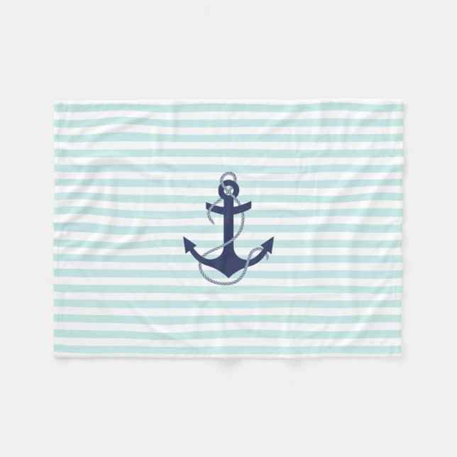 Seeaqua-u. Weiß-Streifen-Marine-Blau-Anker Fleecedecke (Vorderseite (Horizontal))
