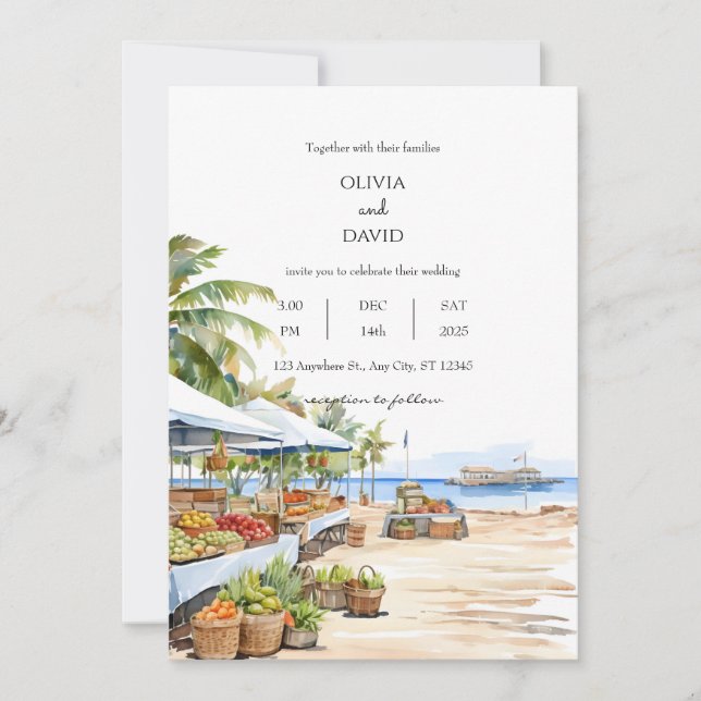Seebad Seaside Village Market Sea View Wedding Einladung (Vorderseite)