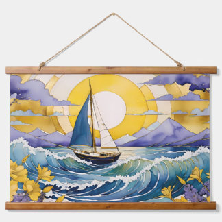 Seebadewasser Segelbootwellen und Blumenwald Wandteppich Mit Holzrahmen
