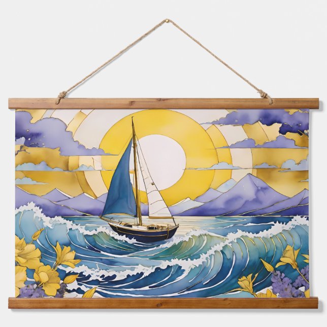 Seebadewasser Segelbootwellen und Blumenwald Wandteppich Mit Holzrahmen (Vorne)