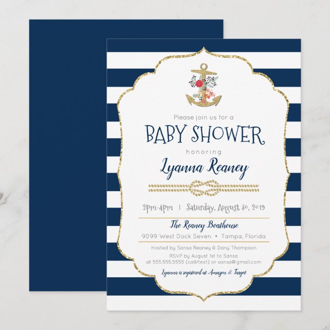 Seeblumenanker-Marine-Blau-Babyparty Einladung (Vorne/Hinten)