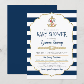 Seeblumenanker-Marine-Blau-Babyparty Einladung