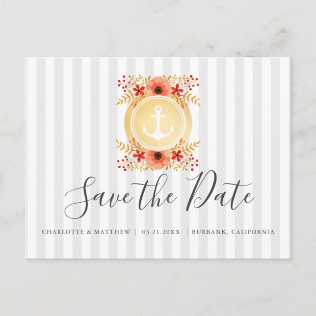 Seeblumengoldanker, der Save the Date Wedding ist Ankündigungspostkarte (Vorderseite)