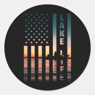 Seefischer Sonnenuntergang Amerikanische Flagge B Runder Aufkleber
