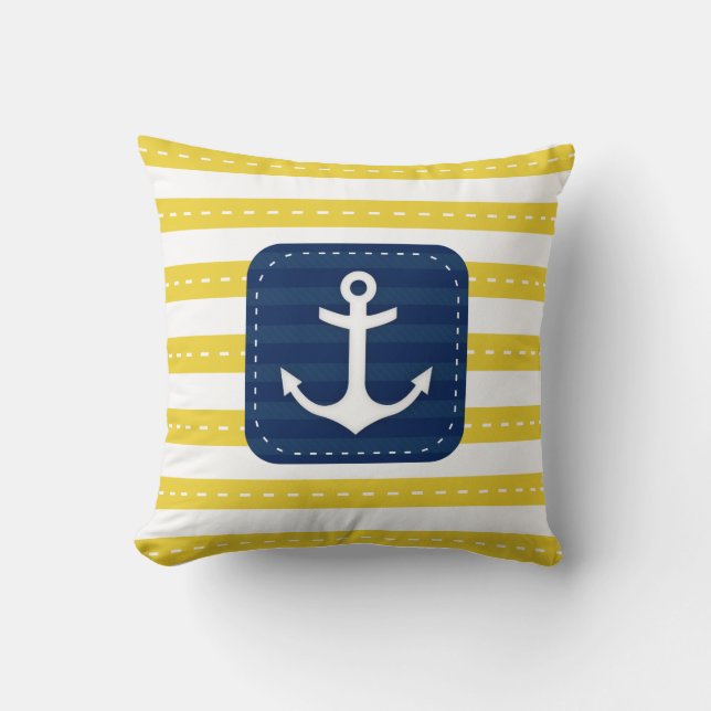 Seegelb Stripes Marine-Blau-Fahnen-Anker Kissen (Vorderseite)