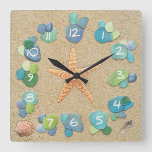 Seeglassandstarfish-Muscheln Quadratische Wanduhr