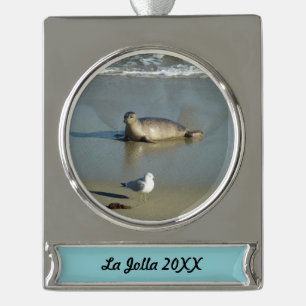 Seehund in La Jolla Kalifornien Banner-Ornament Silber