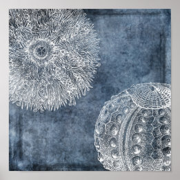 Seeigel-Aquarell Ozean Navyblau Weiß Poster