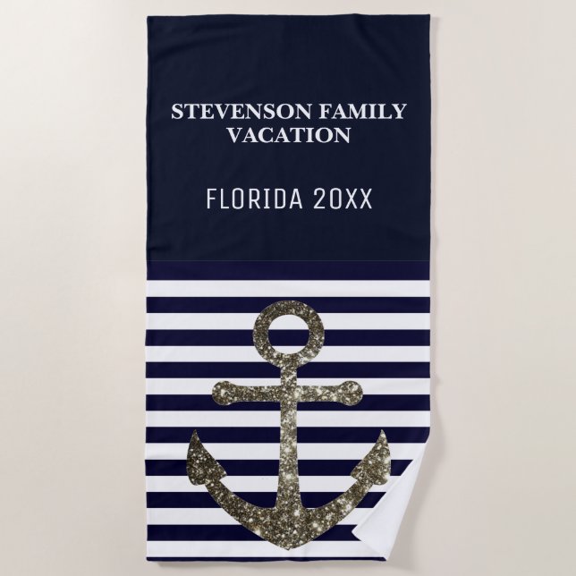 SeeImitat-Glitzer-Familien-Ferien-Blau-Anker Strandtuch (Vorderseite)