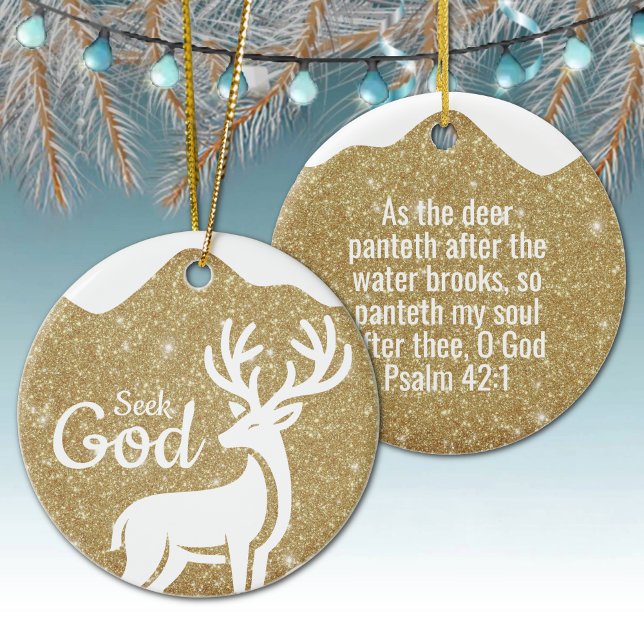Seek God Religious Holiday  ⛪️ 🎄 Keramik Ornament (Custom Seek God, Bible Verse Festive Reindeer Devotional Ceramic Ornament Snow Golden Psalm 42:1 🦌✞)