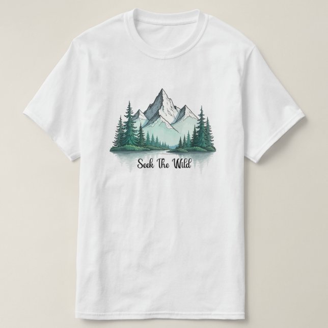 Seek The Wild" Mountain Landscape T-Shirt |  (Design vorne)