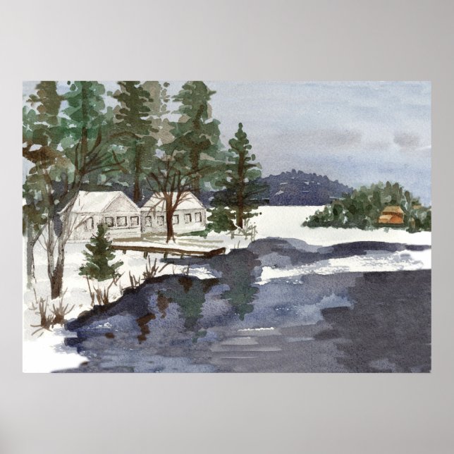 Seekabinen Winter Long Pond Belgrad Maine Poster (Vorne)