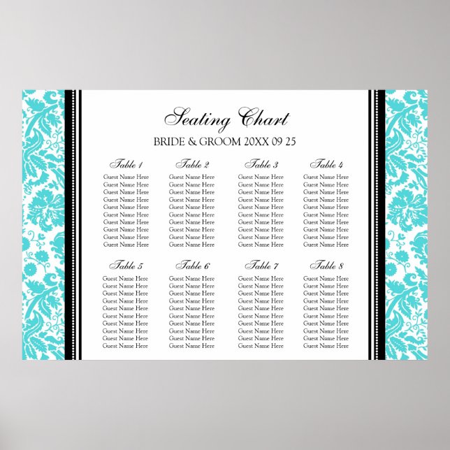 Seekarte 8 Tische Black Aqua Damask Poster (Vorne)