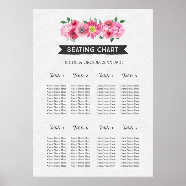 Seekarte 8 Tische Halbpension Rosa Wasserfarbe Poster (Vorne)