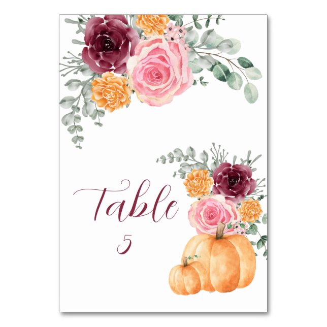 Seekarte fallen Pumpkin Burgundy Blush Pink Tischnummer (Vorderseite)
