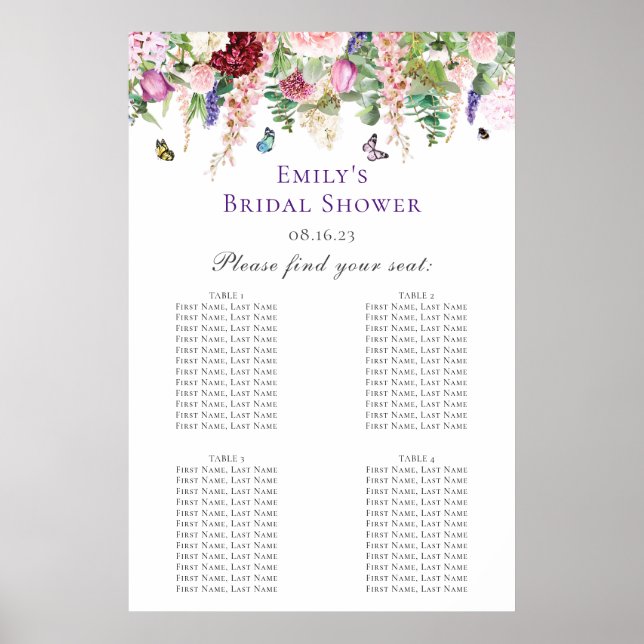 Seekarte für Brautpartys mit Blumen und Schmetterl Poster (Vorne)