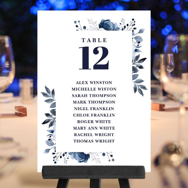 Seekarte für die blaue Tischnummer (Navy Blue Floral Table Number Seating Chart)
