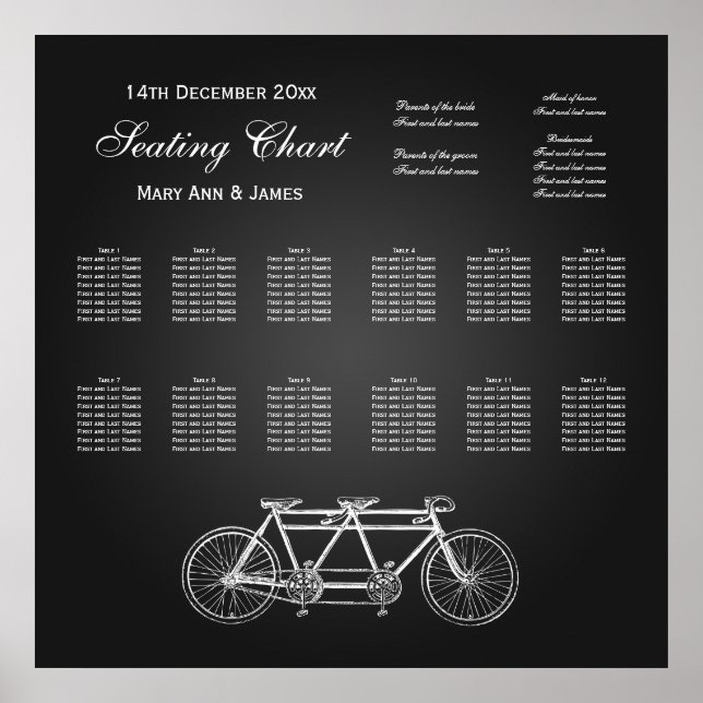 Seekarte für Hochzeiten Tandem Fahrrad Schwarz Poster (Vorne)