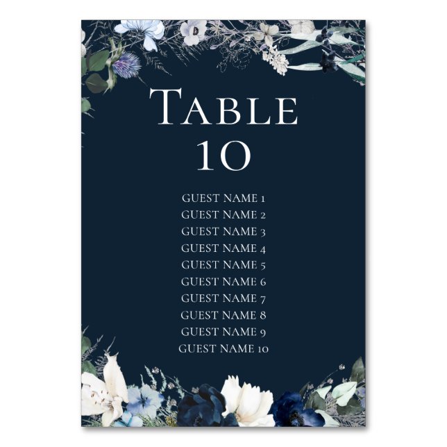 Seekarte für Hochzeitssitze in Navy Blue Floral Tischnummer (Vorderseite)