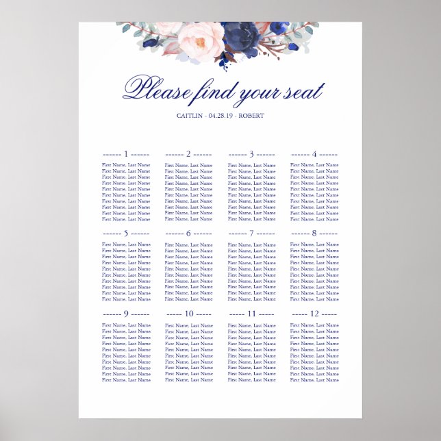 Seekarte für Hochzeitssitze in Navy und Blush Poster (Vorne)
