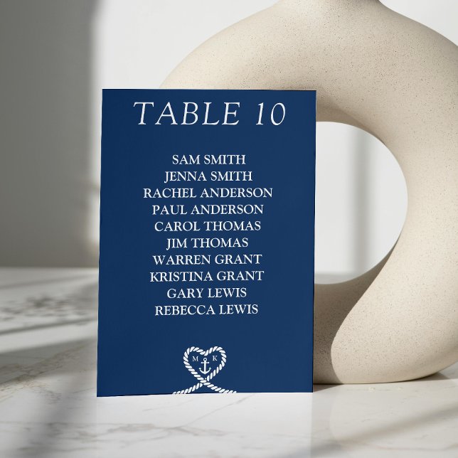 Seekarte für Nautic Blue Heart Monogram Tischnummer (Nautical Blue Heart Monogram Wedding Seating Chart Table Number)