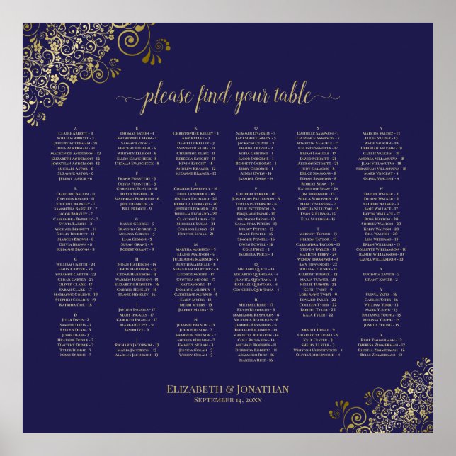 Seekarte für Navy Blue & Gold Lace Alphabetic Poster (Vorne)