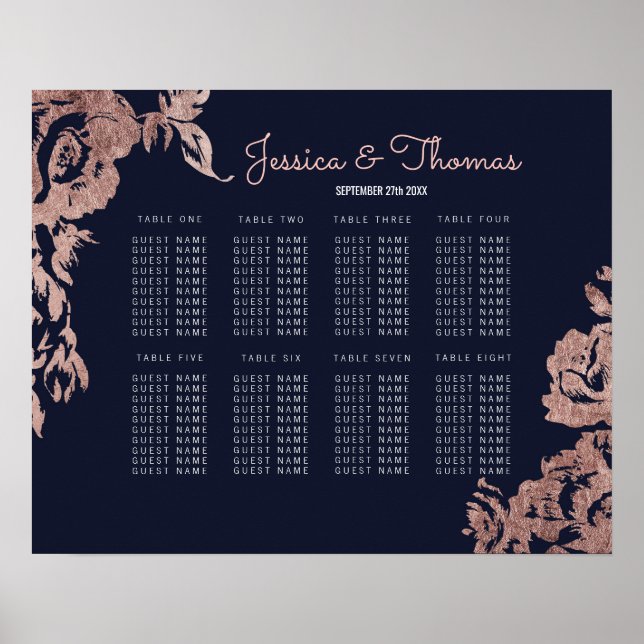 Seekarte für Navy Blue und Rose Gold Floral Poster (Vorne)
