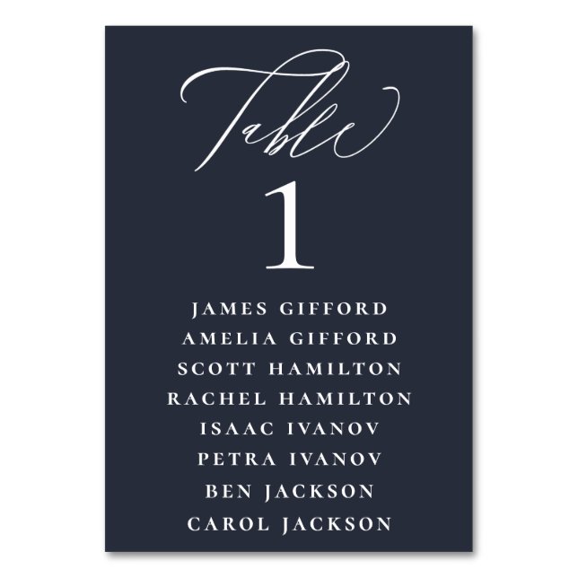 Seekarte für Navy Blue White Calligraphy Tischnummer (Vorderseite)
