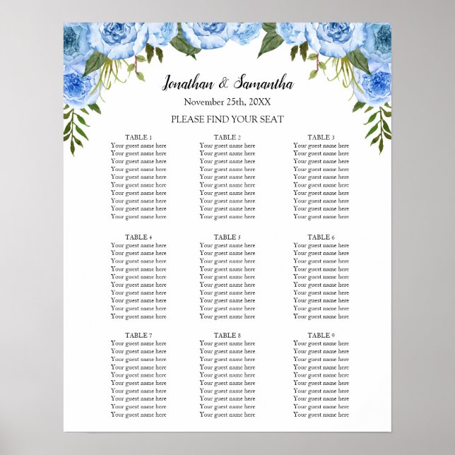 Seekarte Hochzeitfeier Blaue Blumen Zeichen Poster (Vorne)