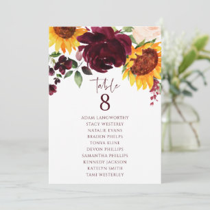 Seekarte Tischnummer Sonnenblumen Rose Burgund