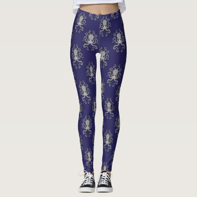 Seekraken-blaues Grau-Illustrations-Kunst Leggings (Vorderseite)
