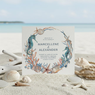 Seekranz | Seepferd und Muscheln Beach Wedding Einladung