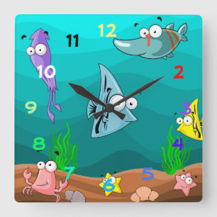 Seeleben unter dem Meer mit Zahlen Quadratische Wanduhr