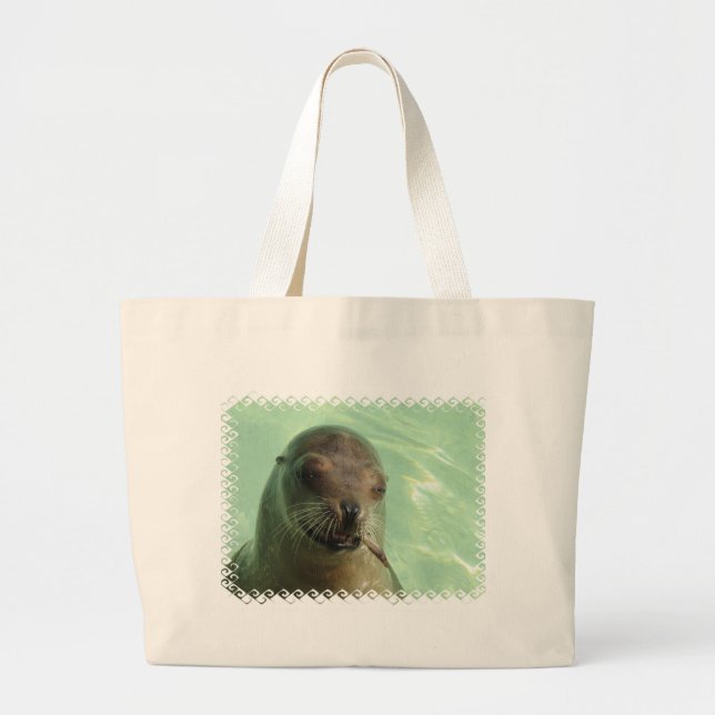 Seelöwe mit Fisch-Leinwand-Tasche Jumbo Stoffbeutel (Vorne)
