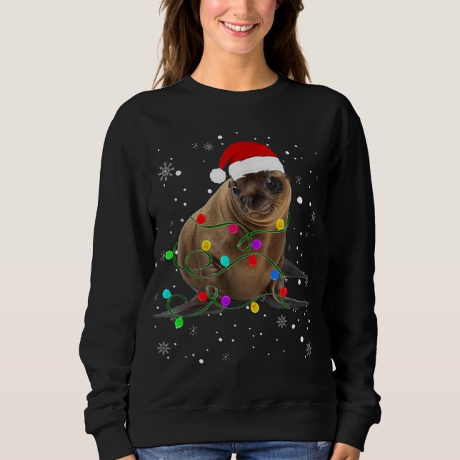 Seelöwe mit Weihnachtsbeleuchtung Weihnachtsseelio Sweatshirt (Vorderseite)