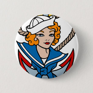 Seemann-Mädchen-und Anker-Tätowierungs-Kunst Button
