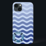 Seemann Navy Blue Waves Streifen Case-Mate iPhone Hülle<br><div class="desc">Navy blaue Streifen Wellen mit Ihrem Namen.</div>