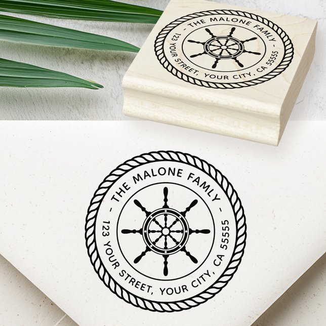 Seemann-Rücksendeadresse Gummistempel (Ship's wheel rope border nautical return address rubber stamp)
