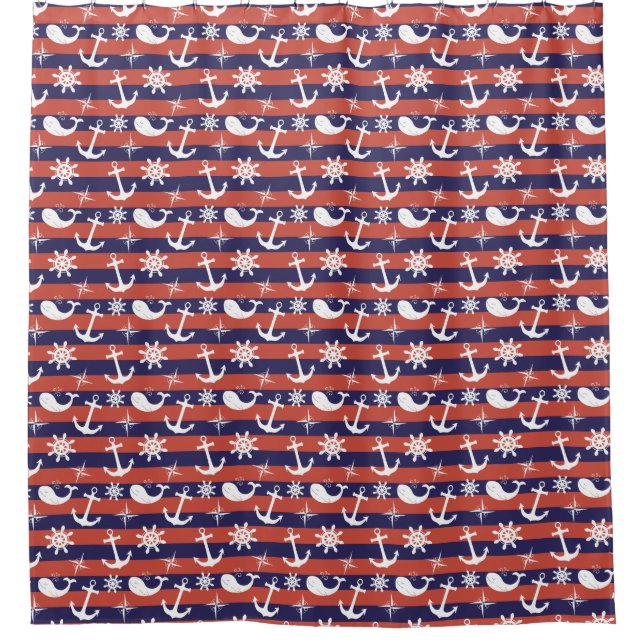 Seemannseemarineblau und rotes Streifenmuster Duschvorhang (Vorderseite)