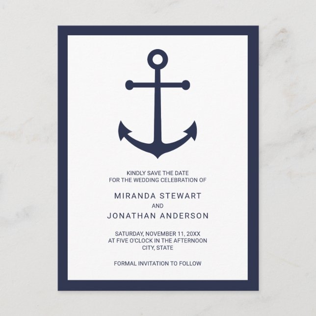 Seemarine-Blau-Anker, der Save the Date Wedding Ankündigungspostkarte (Vorderseite)